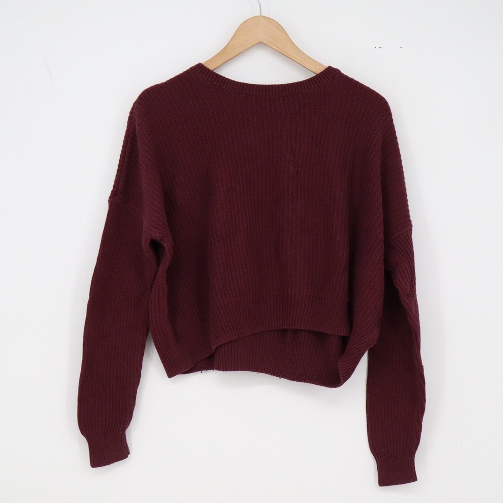 Hollister Sweater Womens S Cropped Shaker Knit Burgundy Drop Shoulder Excellent
